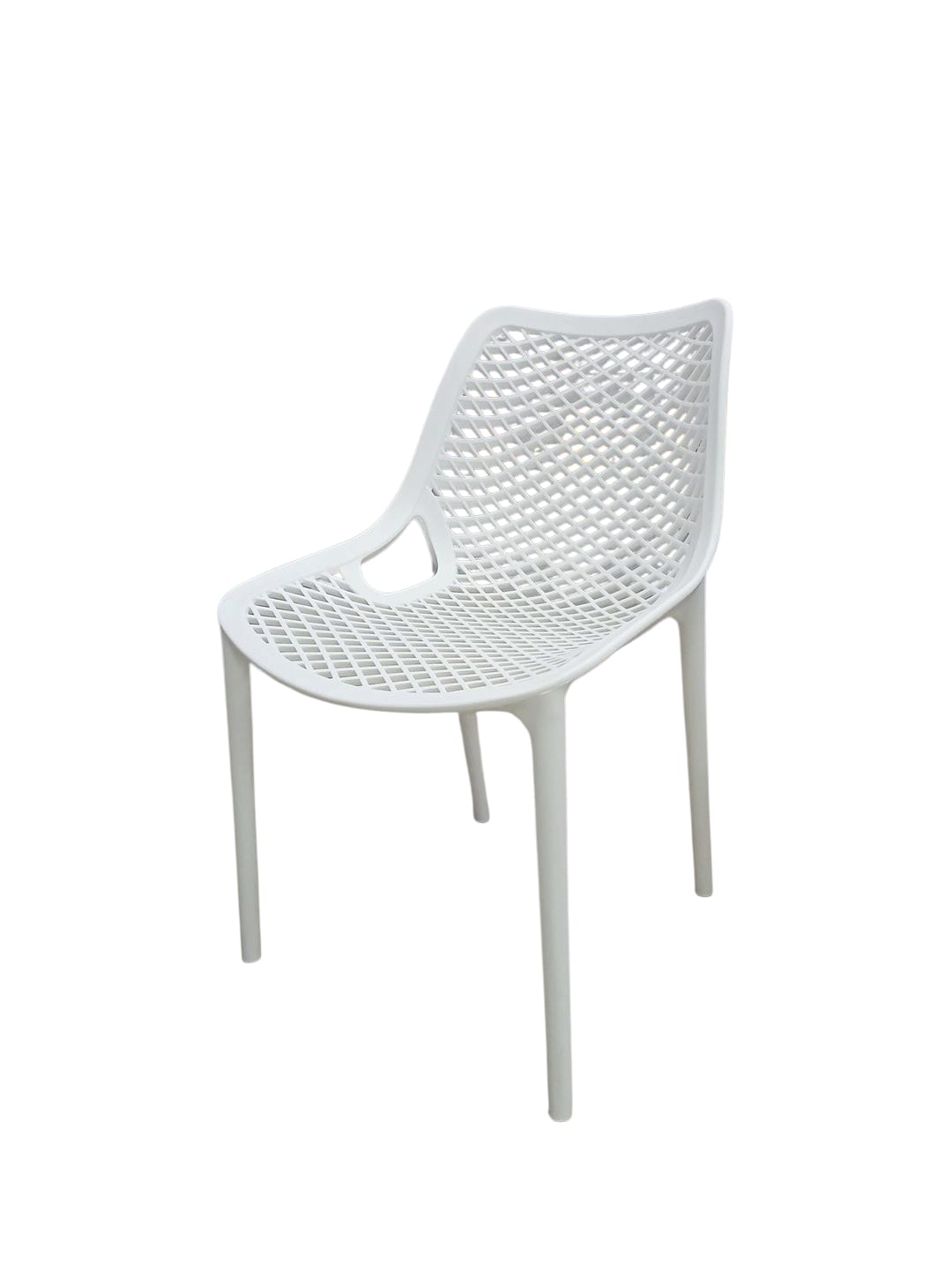 A white molded plastic dining chair with a perforated mesh seat and backrest, shown against a plain white background.