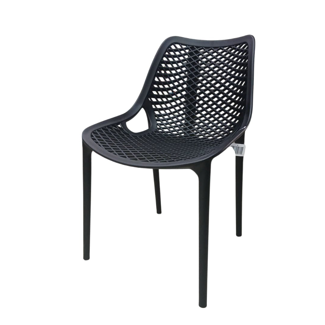 A black plastic dining chair with a perforated mesh backrest and seat, shown from a three-quarter angle on a plain white background.
