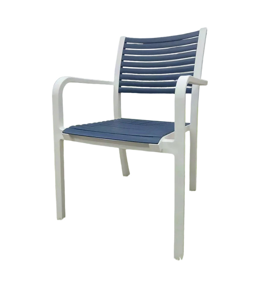 A modern outdoor armchair with a white frame and navy blue slatted backrest and seat, shown against a plain white background.