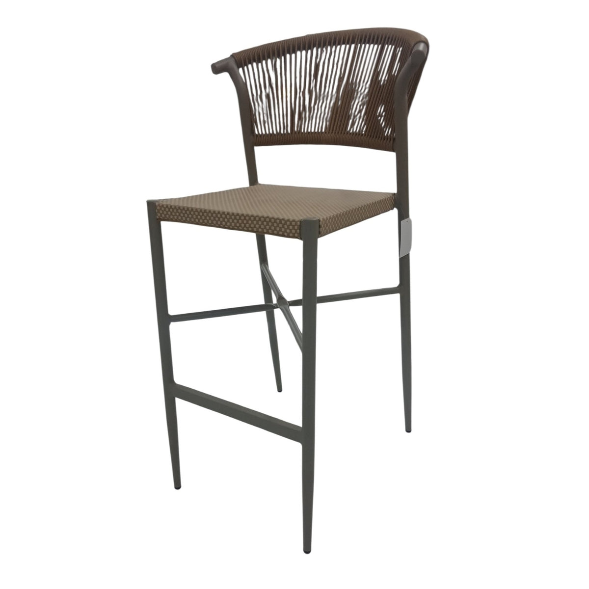 Bar stool with woven backrest and seat on a white background