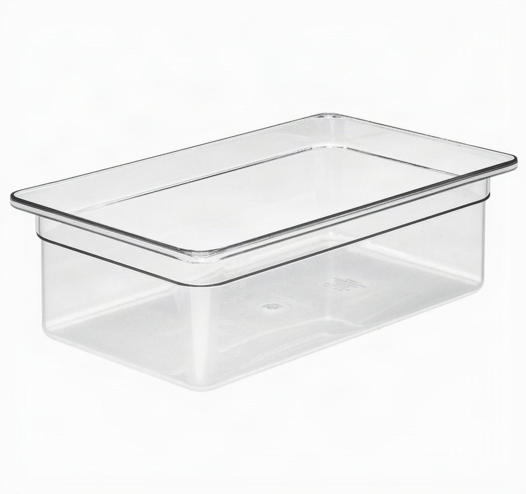 Clear plastic food container on a white background